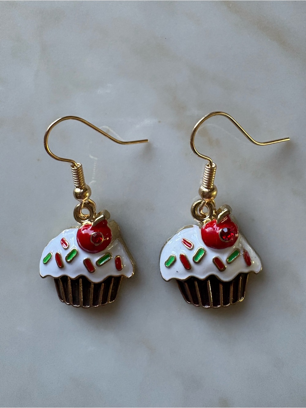 Gold Cupcake Charm Drop Earrings - White & Red
